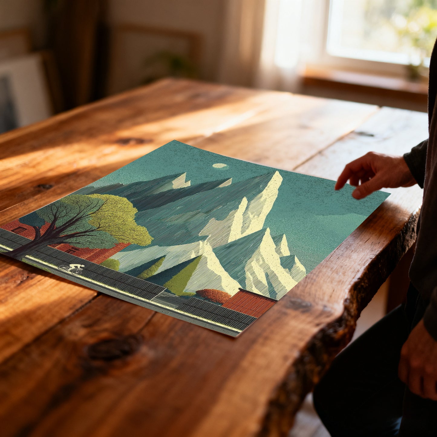 Unframed art print showing a minimalist landscape of mountains, a tree, and a cyclist, laid flat on a rustic wooden table. A person's hand is near the edge.
