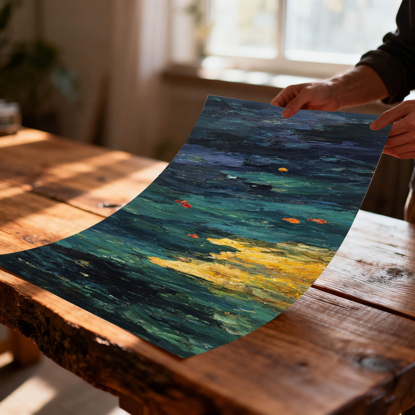Unframed, flexible art print of the abstract Goldfish Pond painting being held over a rustic wood table, illustrating the print material quality and deep color saturation.