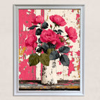 A vertical, white-framed painting featuring a vibrant bouquet of pink roses and dark green leaves in a white vase, set against a distressed background of peeling pink and white paint on wooden planks.