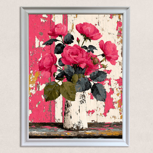 A vertical, white-framed painting featuring a vibrant bouquet of pink roses and dark green leaves in a white vase, set against a distressed background of peeling pink and white paint on wooden planks.