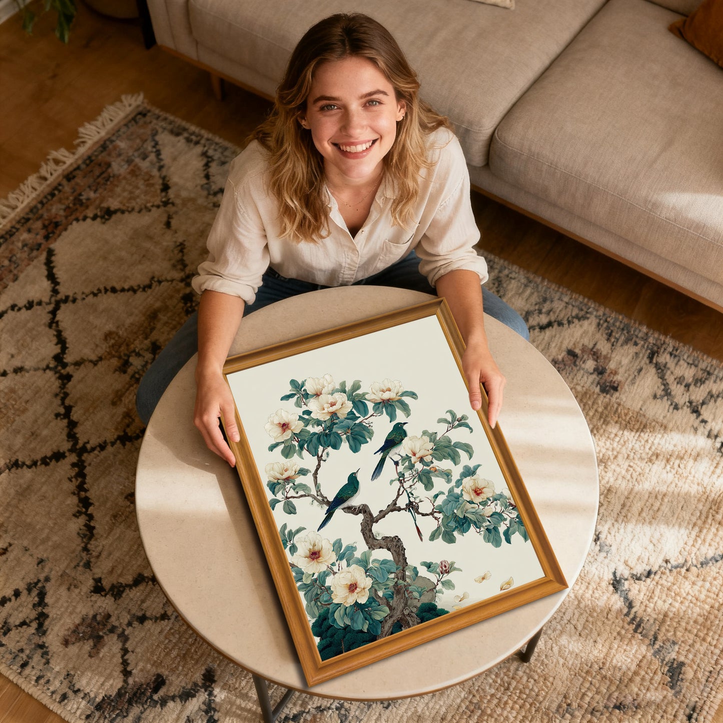 A high-angle view of a smiling woman sitting on a rug, holding a medium-sized wooden framed print of birds and flowers on a round white coffee table.