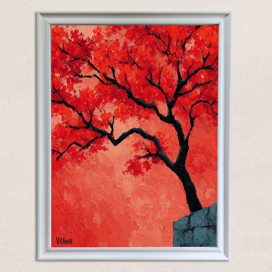 A vertical, white-framed painting featuring a vibrant red-orange tree with dark branches, set against a highly textured, monochromatic red background, growing from a blue-gray stone wall.