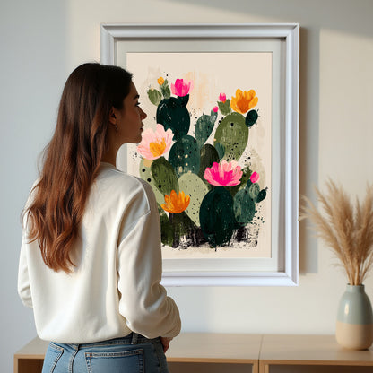 A woman in a white sweatshirt looking at a framed print of an abstract blooming cactus with thick brushstrokes and bright pink/orange flowers, mounted in a clean white frame.