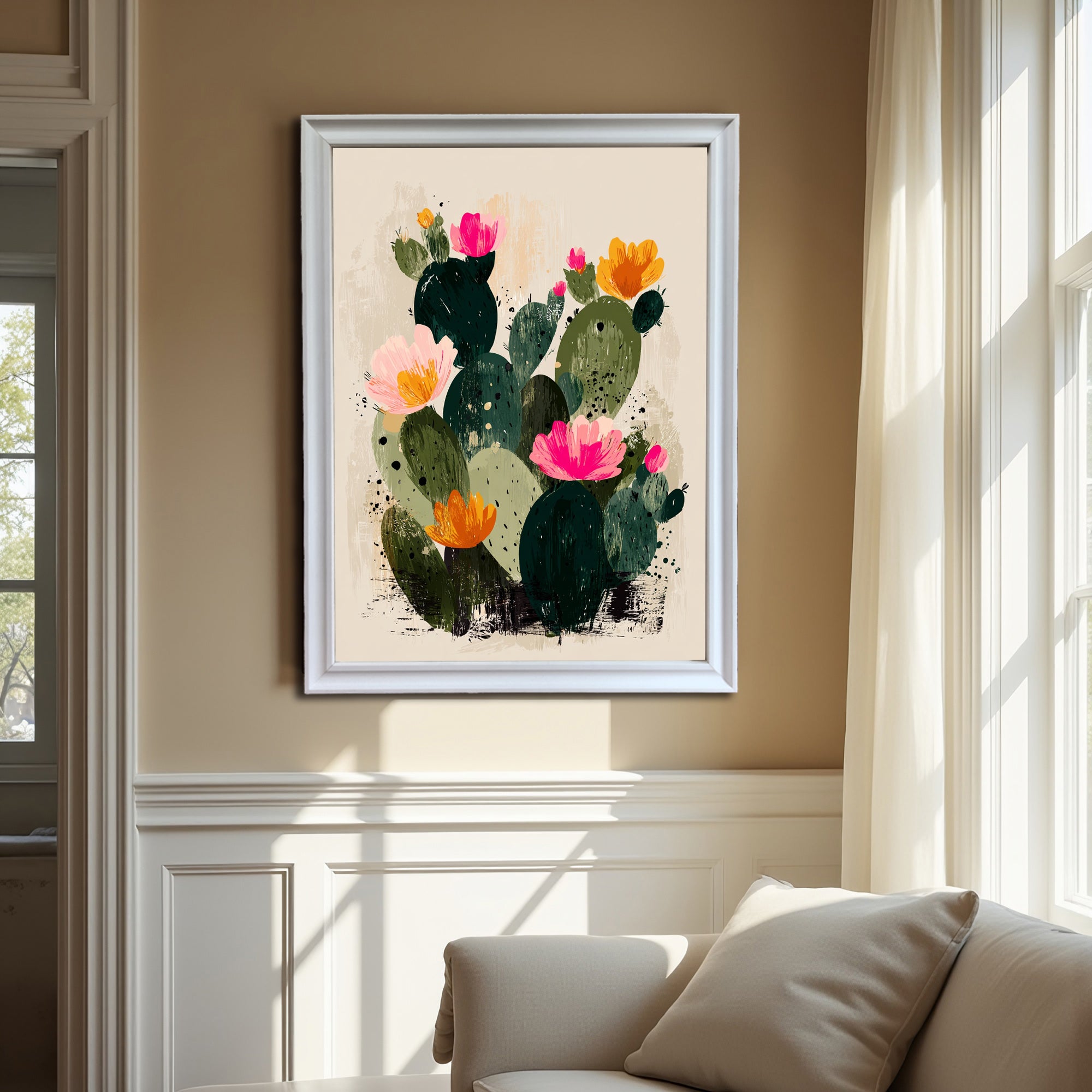 The abstract blooming cactus art print, framed in a contemporary white frame, is hung in a living room with beige walls and large windows, showcasing the artwork's bright colors over a white sofa.