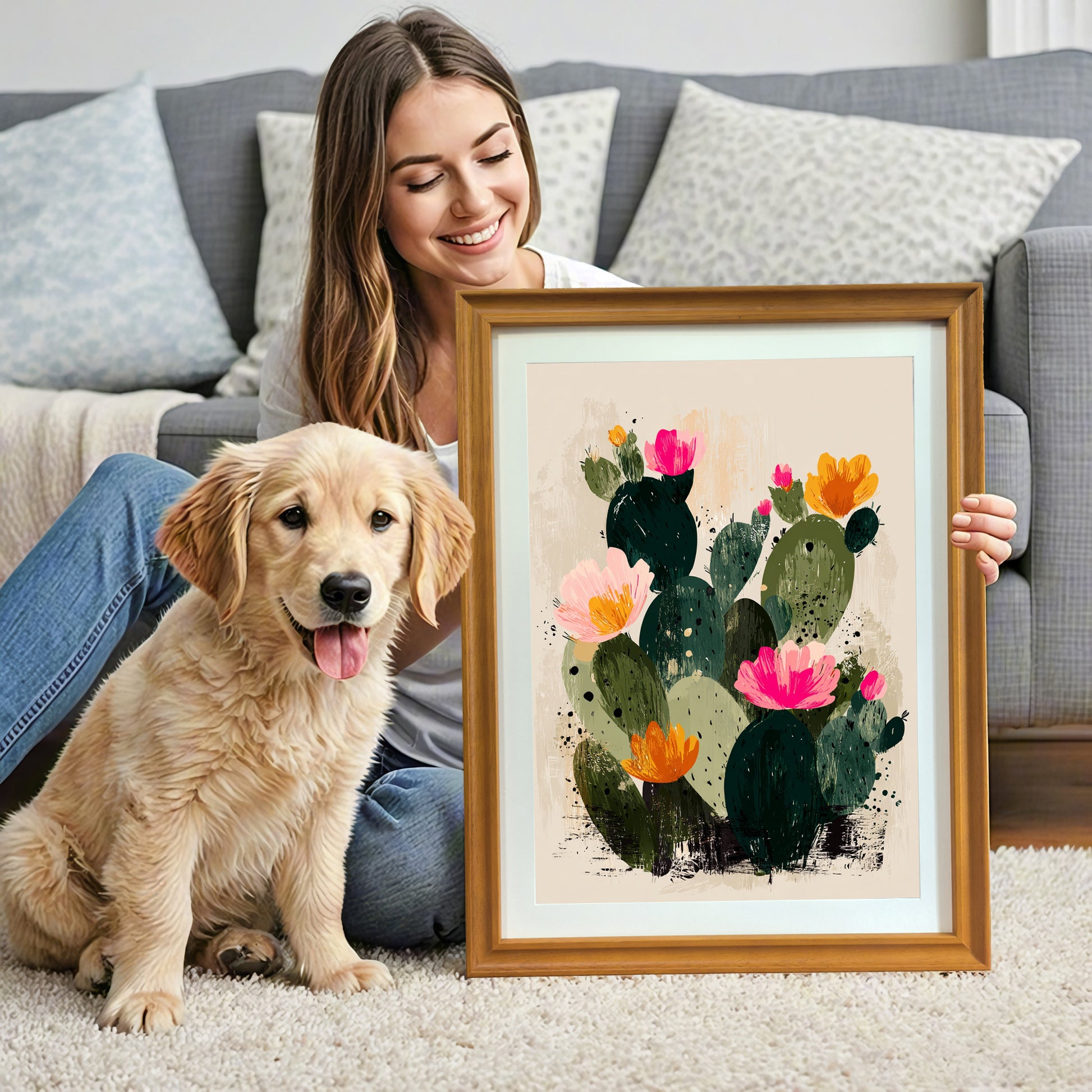 A smiling woman sits on the floor next to a golden retriever puppy, holding a framed art print. The artwork is an abstract illustration of a dark green, blooming cactus with vibrant pink and orange flowers, set in a wood grain frame.