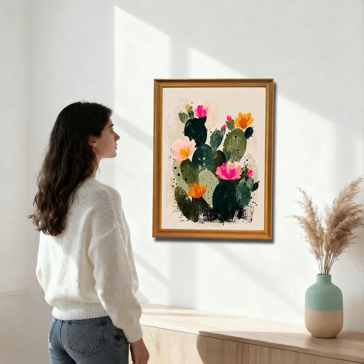 A woman in a white sweater looking at a framed art print of an abstract prickly pear cactus with pink and orange flowers, set on a cream background, hanging on a white wall in a gold/natural wood frame.