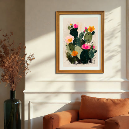 The abstract cactus art print, in a gold/natural wood frame, hangs on a wainscoted cream wall above an orange armchair in a sunlit room, displaying a southwestern or desert modern style.