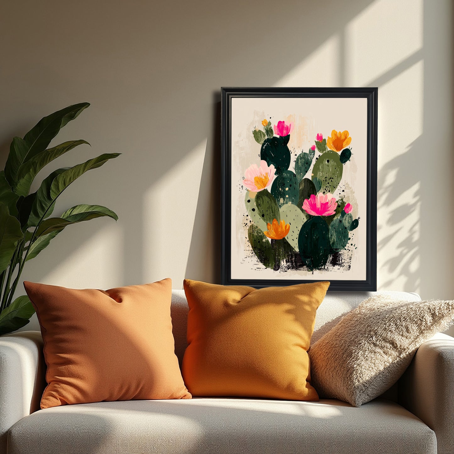 The framed abstract cactus art print is displayed on a console behind a white sofa with cozy orange/mustard pillows. The painting, in a black frame, features dark green cactus pads and bright flowers against a cream wall.