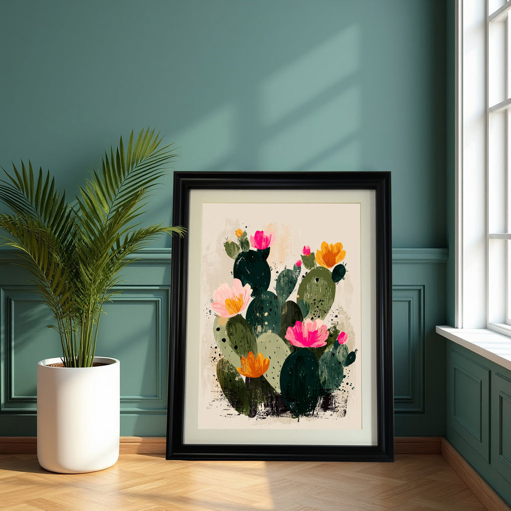 The abstract blooming cactus art print, framed in a thick black frame, is leaning against a dark teal paneled wall next to a large potted palm plant and a bright window.
