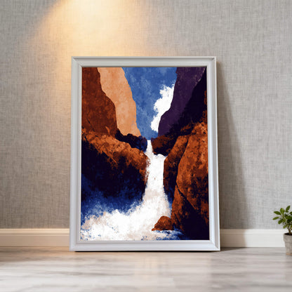 Framed abstract waterfall print in a white frame, leaning on a light wood floor against a textured gray wall.