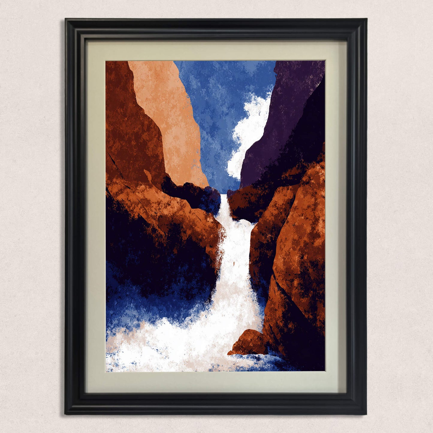 Close-up of the abstract art print featuring a powerful white waterfall between orange and purple canyon walls, in a simple black frame.