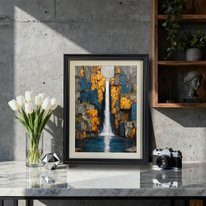 Black framed art print on a marble table with tulips and a camera.,"Abstract waterfall art print in a black wood frame, displayed on a marble desk with white tulips and a vintage camera.