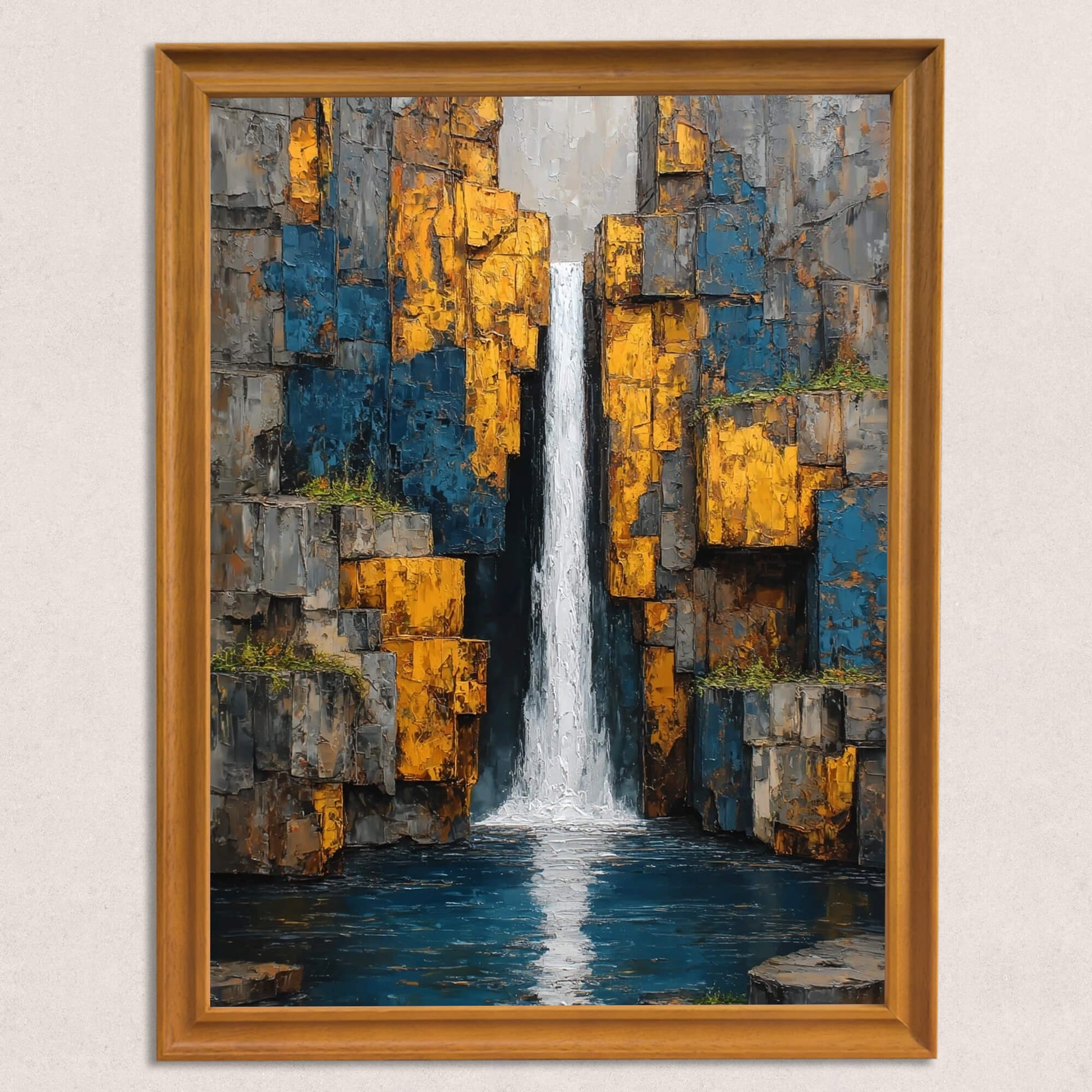 Detailed close-up of abstract waterfall art print in a thick, simple wooden frame, showcasing deep blue and bright yellow block textures.