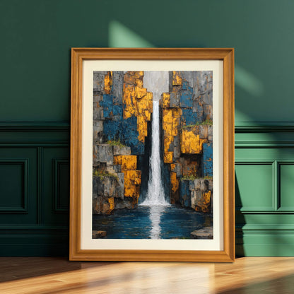 Abstract waterfall art print with a light mat in a natural wood frame, leaning on a dark green wainscoted wall.