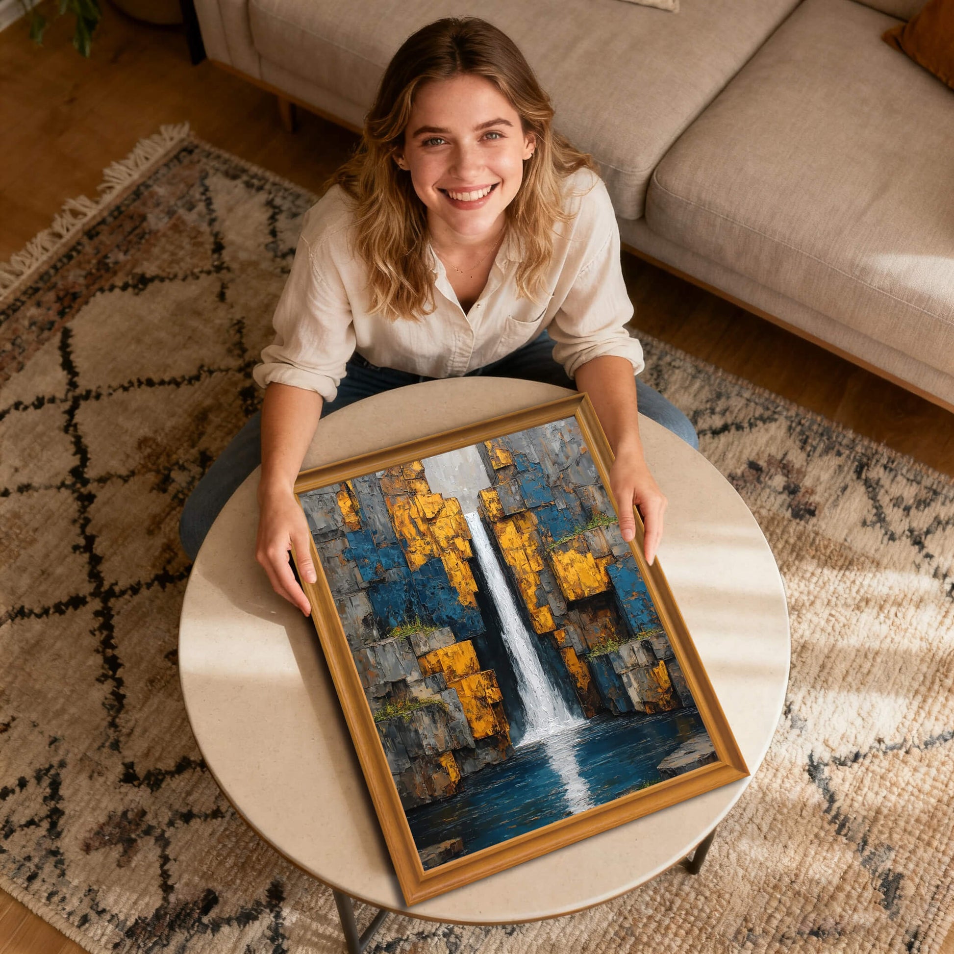 A smiling woman sits on a rug, holding a portrait-orientation abstract waterfall art print in a golden wood frame on a coffee table.