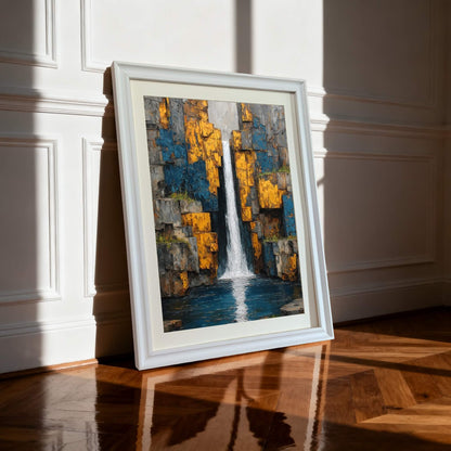 White framed art print leaning on a shiny wood floor against a white wall.,"Large abstract waterfall art print in a white wood frame with a mat, leaning on a glossy hardwood floor next to a white wall baseboard.