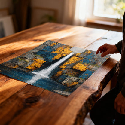 Unframed, horizontal abstract art print of a waterfall between blue and yellow rock formations, lying on a live-edge wooden table.