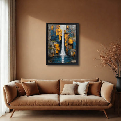 Abstract waterfall painting in a black wood frame, hanging on a warm brown wall above a soft tan velvet sofa.