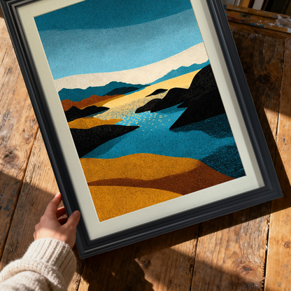Close-up shot of hands holding a framed stippled abstract landscape print in a thick black wood frame, featuring blue, yellow, and black colors, over a rustic wooden table.