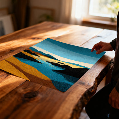Vertical abstract stippled landscape art print featuring blue sky and water, orange/yellow beach, and black rocks, framed in a classic black wood frame with a cream mat, hanging on a textured white wall.