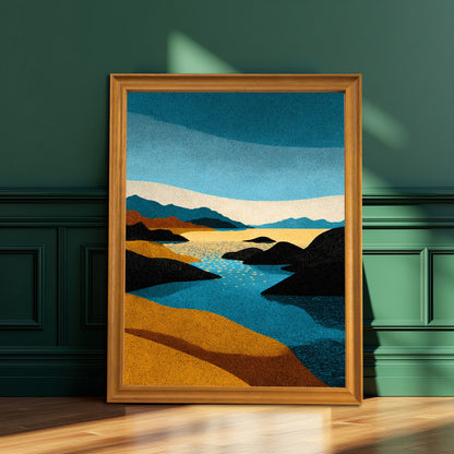 Vertical abstract stippled landscape art print in a warm natural brown wood frame, resting on a wooden floor against a dark emerald green paneled wall.