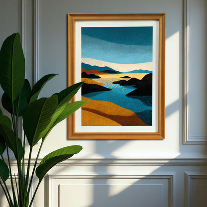 Vertical abstract stippled landscape art print in a natural brown wood frame, hanging on a classic gray wainscoting wall, with a large green houseplant in the foreground.