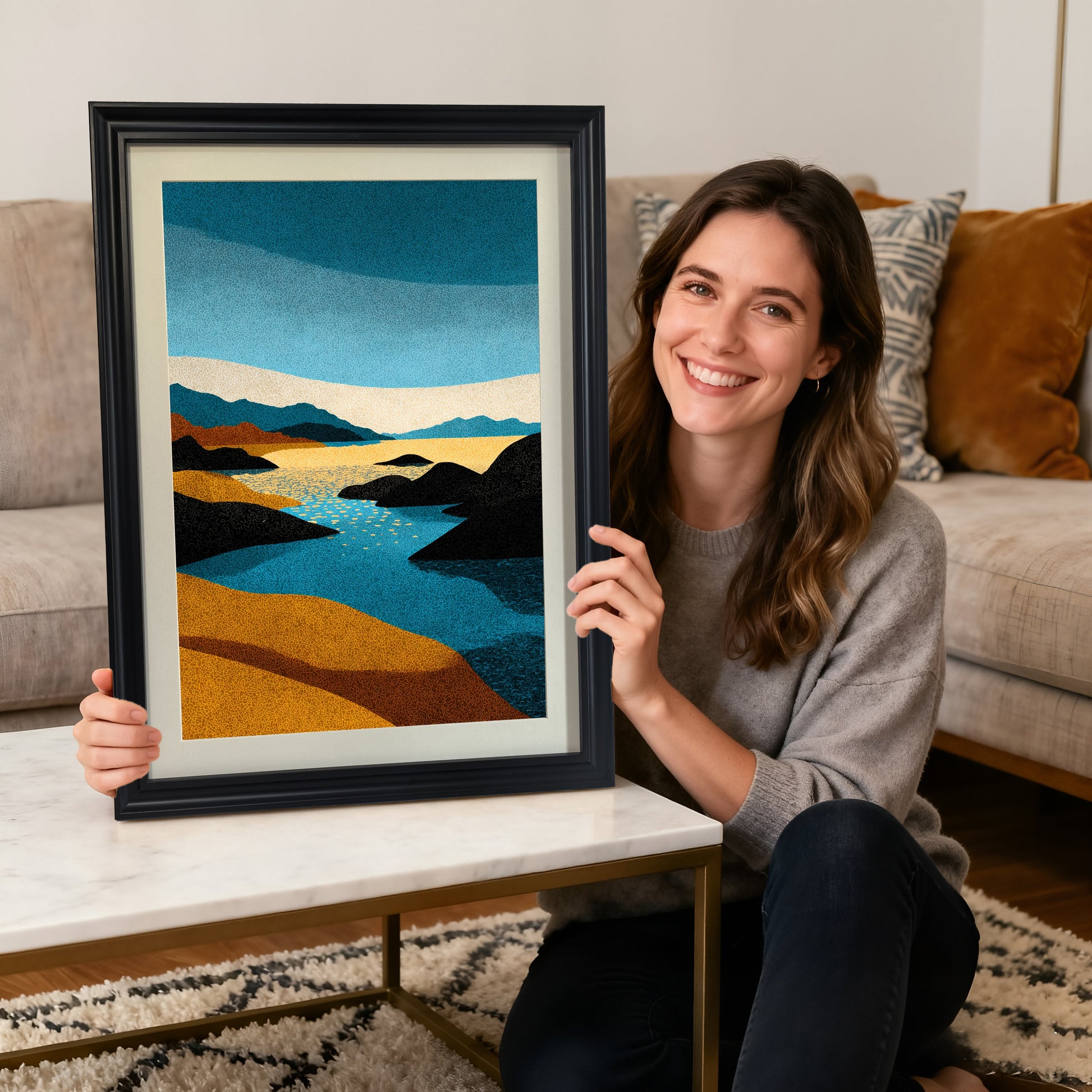 A smiling woman sitting on the floor holding a vertical abstract stippled landscape art print in a thick black wood frame, with a white coffee table and sofa in the background.