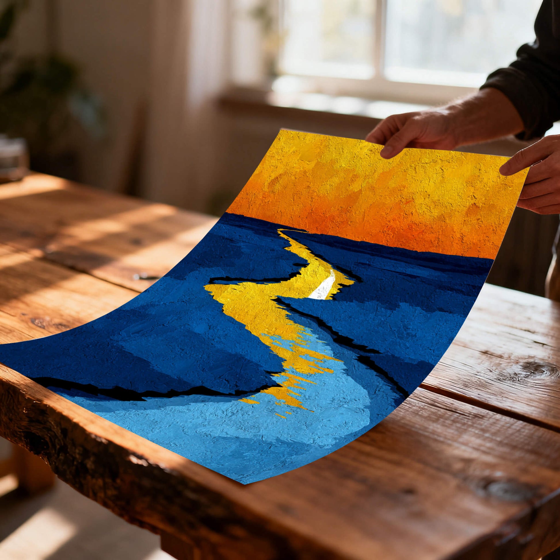 Hands holding the unframed abstract print of the yellow river and blue fields, curved slightly over a rustic wooden table.