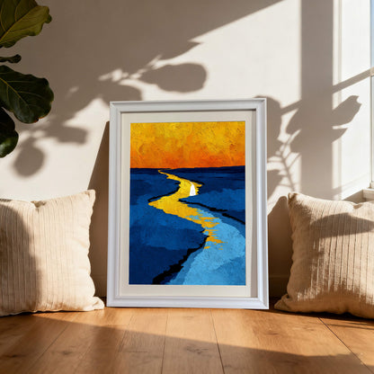 Abstract print of the yellow path and blue water in a white frame, leaning on a wooden floor between two neutral pillows with sunlight streaming in.