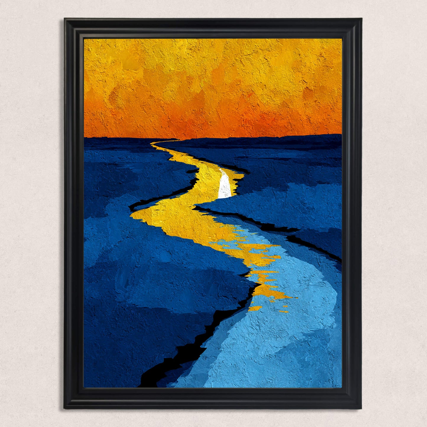 Close-up of the abstract print featuring a winding yellow path through blue, textured fields beneath an orange sky, in a simple black frame.