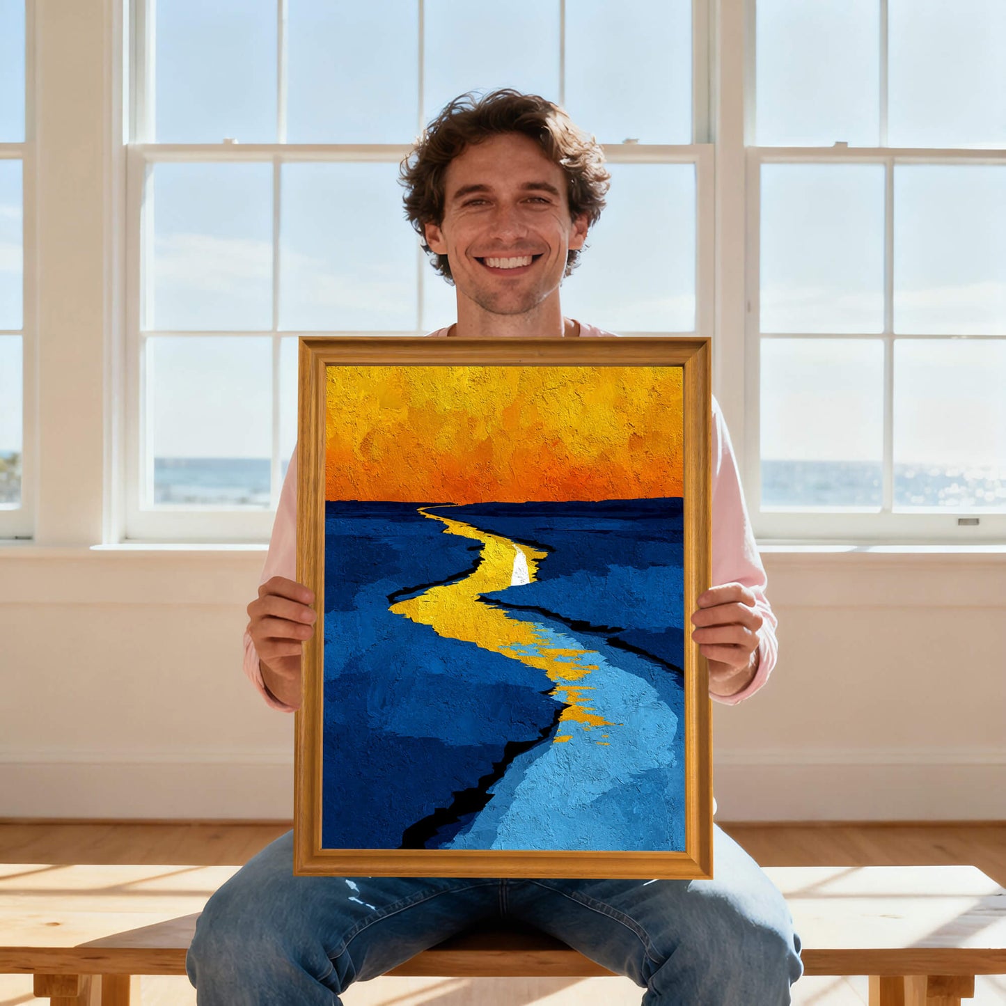 A smiling man holding up the abstract print of a yellow river and blue fields in a light wood (natural) frame, standing in front of a bright window overlooking the ocean.