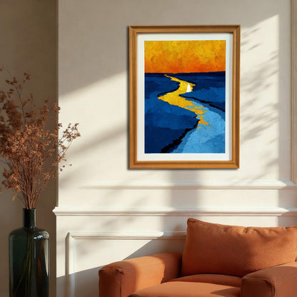 Abstract print of a winding yellow line through blue water, framed in light wood (natural), hanging above an orange armchair next to a decorative vase.