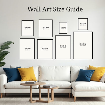 Wall art size guide displayed above a modern white sofa, showing multiple frame dimensions including 10x12, 12x16, 14x18, A4, 15x21, 16x20, 16x24, and 20x28 inches, arranged on a clean living room wall with colorful throw pillows and minimalist decor.