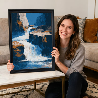 A smiling woman sitting on the floor holding a vertical abstract waterfall art print in a thick black wood frame, with a white coffee table and sofa in the background.