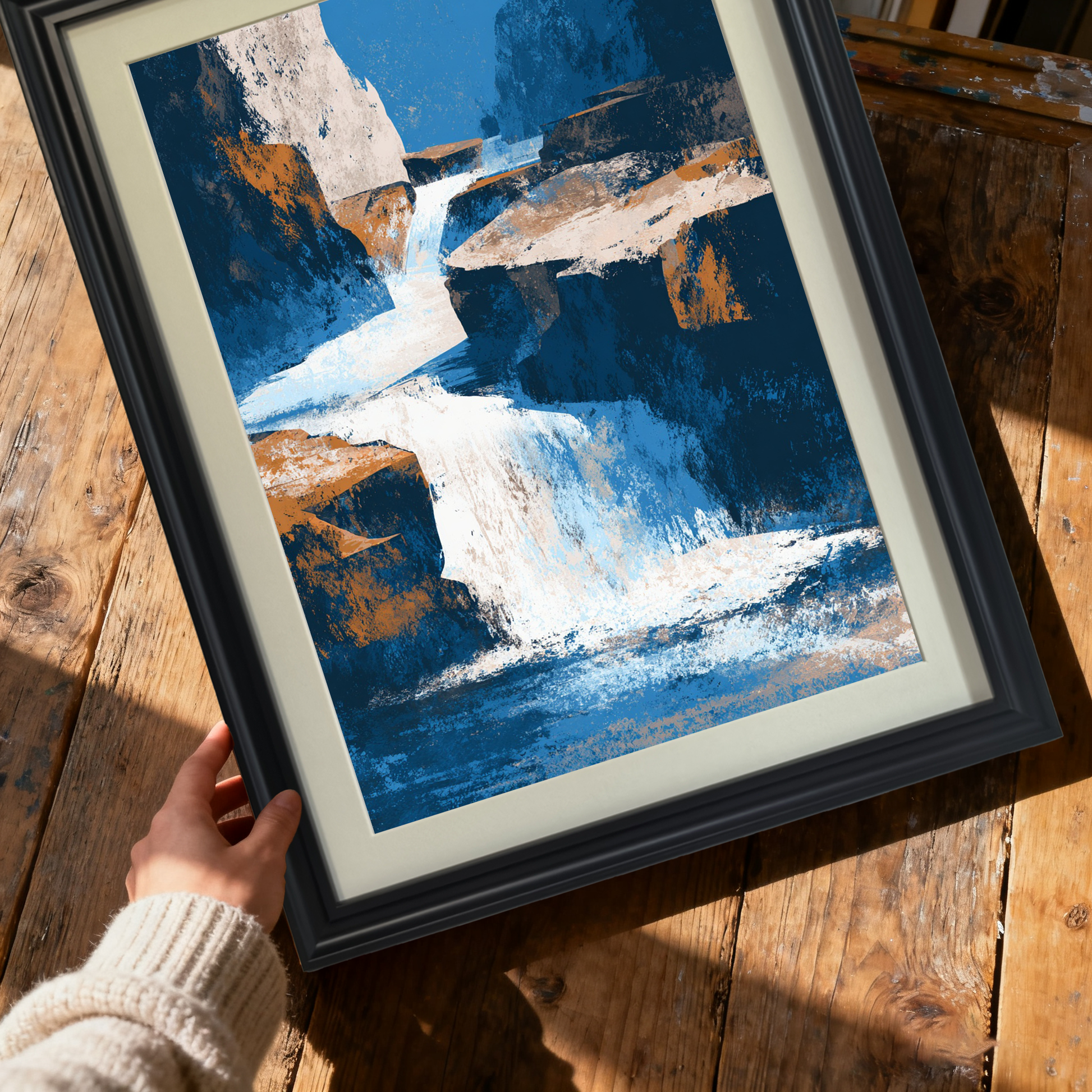 Close-up shot of hands holding a framed abstract waterfall art print in a thick black wood frame, featuring blue, white, and orange colors, over a rustic wooden table.