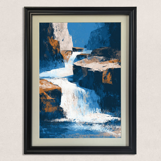 Vertical abstract waterfall art print with blue, white, and orange colors in a classic black wood frame with a cream mat, hanging on a lightly textured beige wall.
