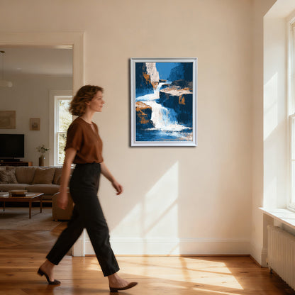 Full-body shot of a woman in a brown shirt and black pants walking past a vertical abstract waterfall art print in a thin white frame, hanging on a cream wall in a brightly lit hallway.