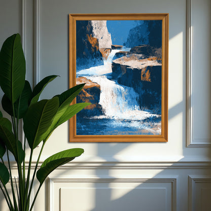 Vertical abstract waterfall art print in a natural light brown wood frame, hanging on a classic white wainscoting wall next to a large green houseplant in a sunlit room.