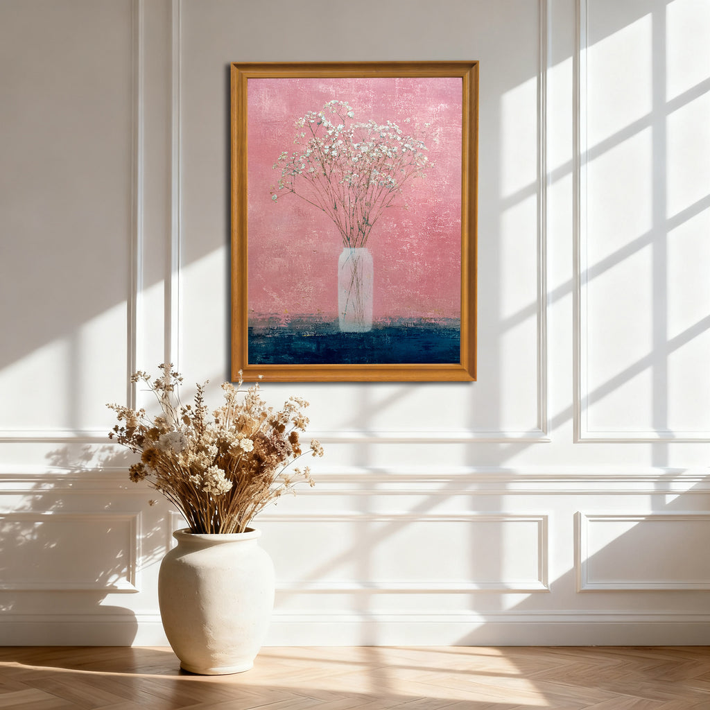 Abstract still life print of baby's breath flowers in a white vase against a textured pink background and a dark blue table, framed in light brown wood, hanging on a white wainscoting wall.