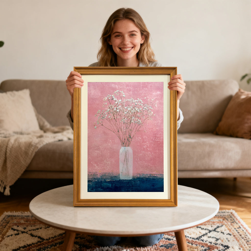 Smiling woman holding up a framed art print of baby's breath in a vase with a gold-colored wood frame, sitting behind a round marble coffee table.