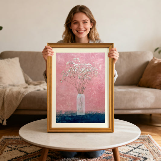 Smiling woman holding up a framed art print of baby's breath in a vase with a gold-colored wood frame, sitting behind a round marble coffee table.