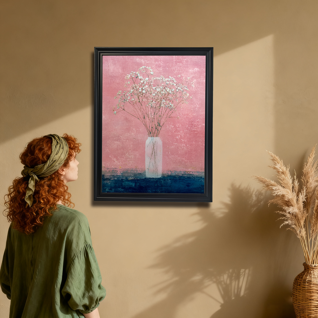 Woman with red hair looking at a black-framed art print of baby's breath in a vase, hanging on a warm beige wall with a wicker vase nearby.