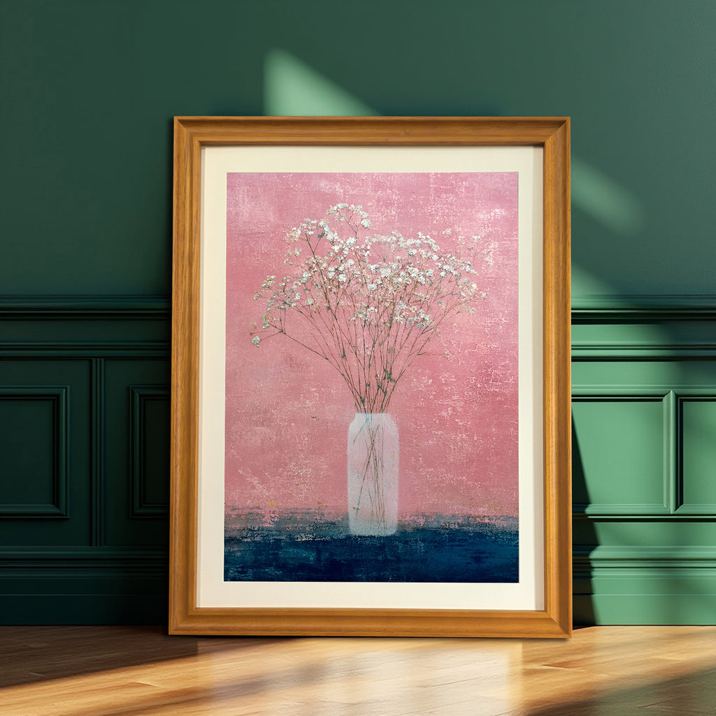 Natural wood-framed art print of baby's breath in a vase against a textured pink and dark blue background, leaning on the floor against a dark emerald green paneled wall.