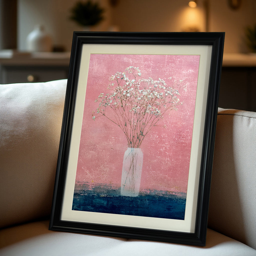 Black-framed art print of baby's breath in a vase against a pink and dark blue background, leaning on a light-colored sofa cushion in a dimly lit room.
