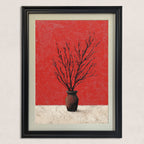 Close-up of the art print: abstract black tree branches in a rustic vase centered against a highly textured, bright red background and a white foreground, framed in black.