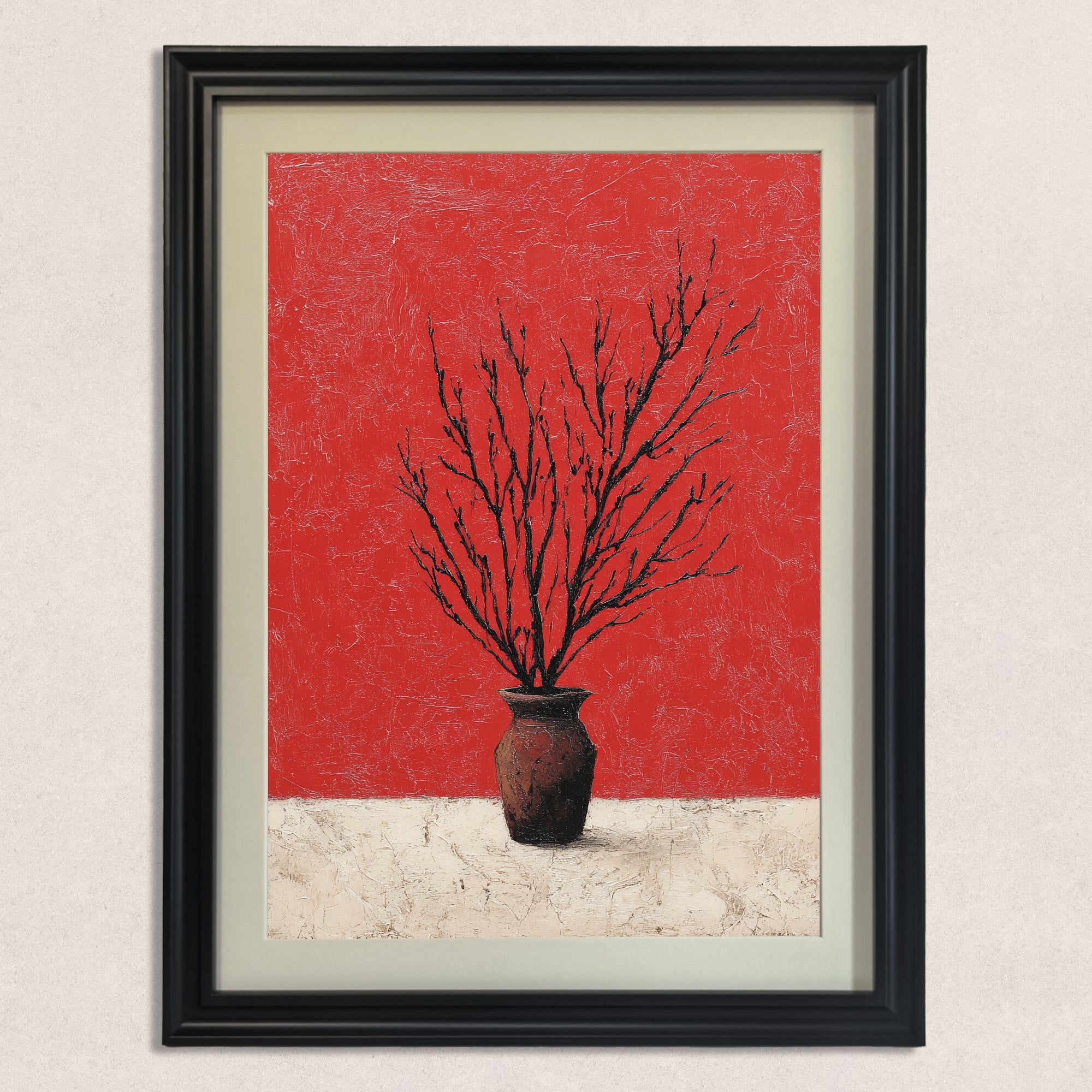 Close-up of the art print: abstract black tree branches in a rustic vase centered against a highly textured, bright red background and a white foreground, framed in black.