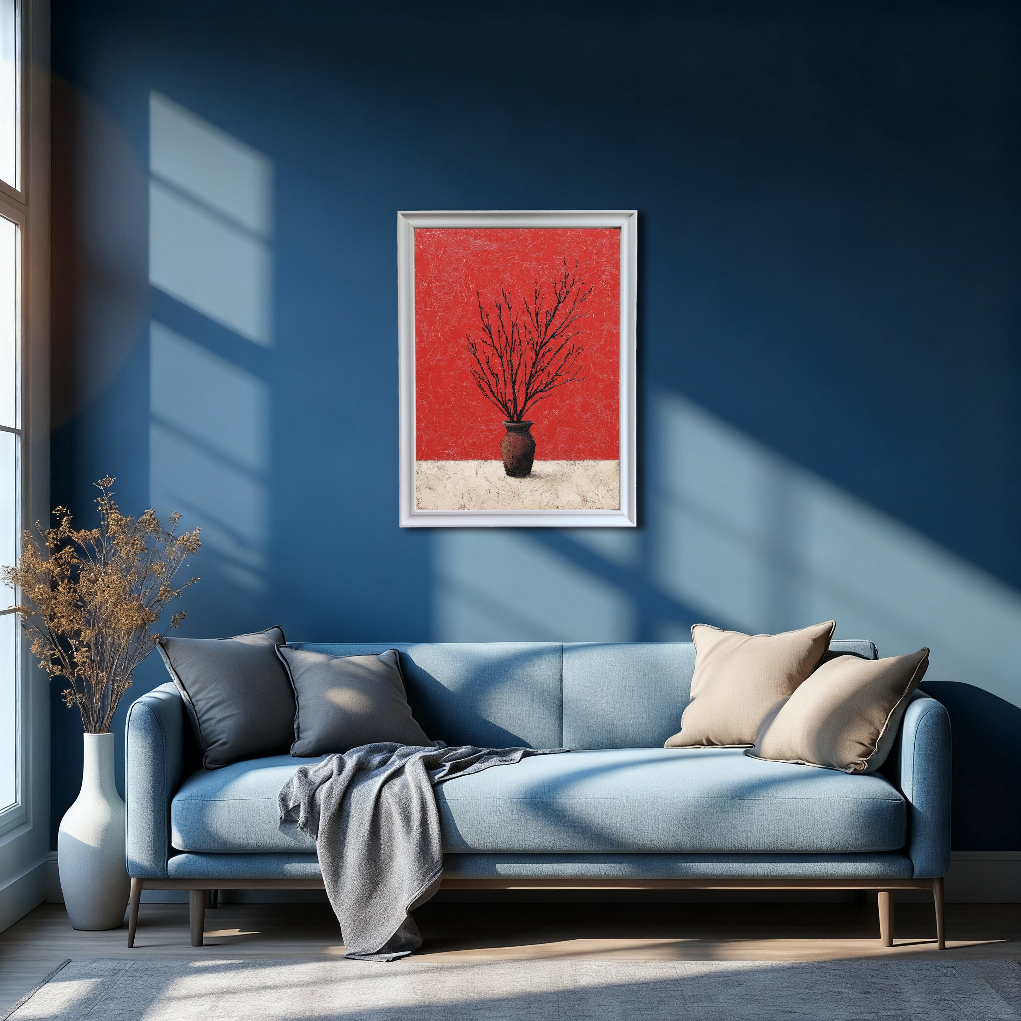 Abstract minimalist print featuring black branches in a dark vase against a textured, vibrant red background and a textured white surface, framed in white, hanging on a deep blue wall above a light blue sofa.