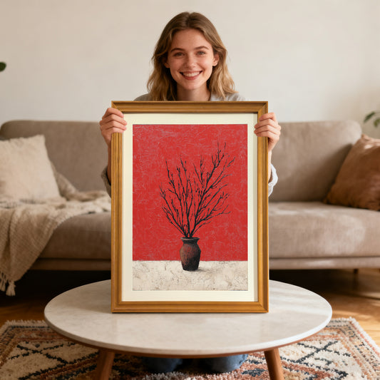 Smiling woman holding up a framed art print of black branches in a vase on a red background with a gold-colored wood frame, sitting behind a round coffee table.