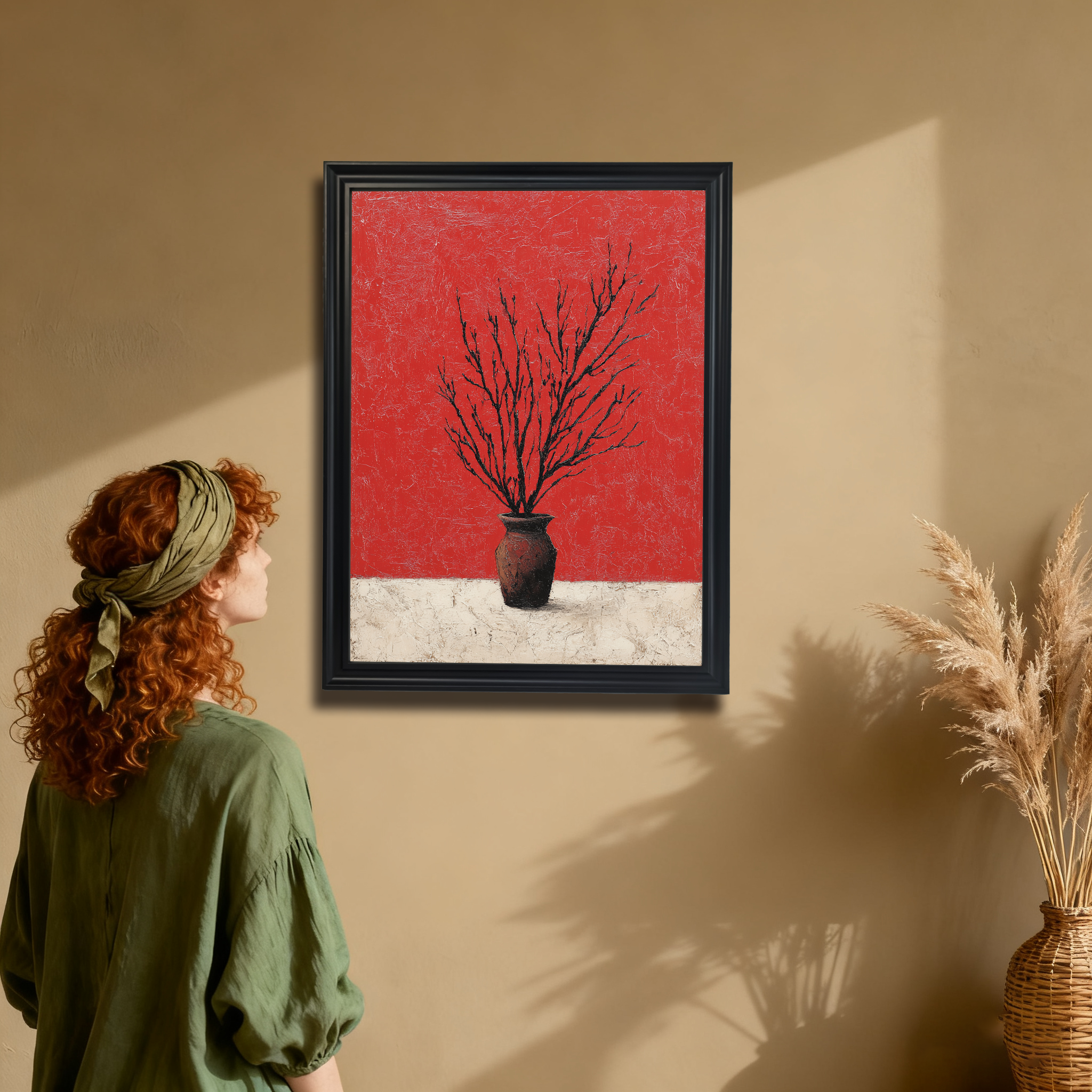 Woman with red hair looking at a black-framed art print of a dark branching silhouette against a textured red background, hanging on a warm beige wall with dried grasses nearby.