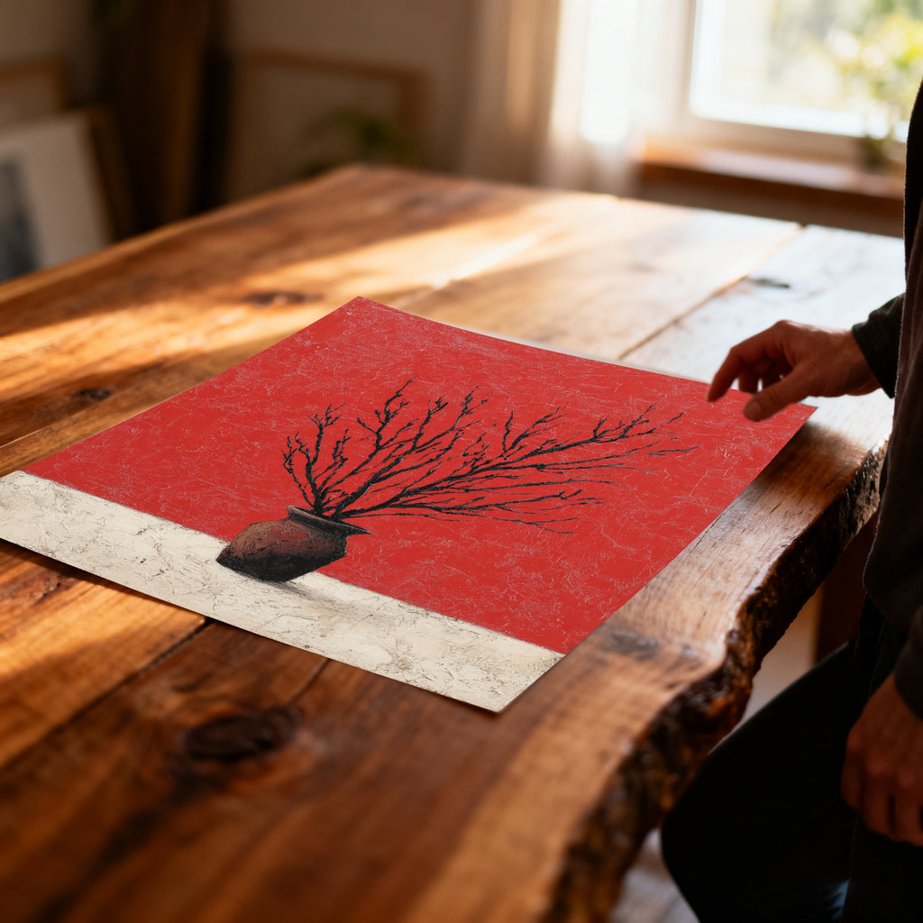 Unframed art print of black branches in a vase on a red and textured white background, lying on a rustic wooden table with a person's hand nearby.